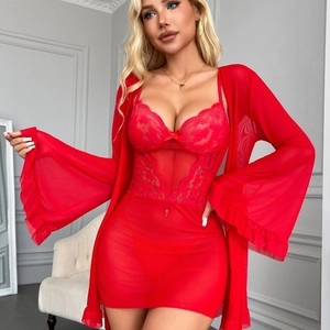 Red lace lingerie set with mesh slip dress and flared sleeve cardigan on model
