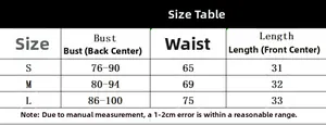 Detailed size chart for women's low-cut patent leather halter top in S, M, and L sizes