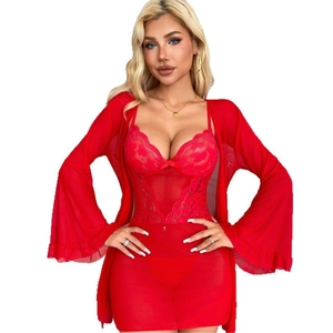 Red lace bodysuit set with sheer mesh flare sleeves and matching stockings for women