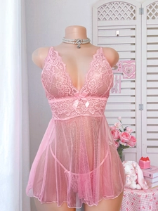 Detailed view of pink floral lace nightdress with ribbon bow and soft mesh fabric