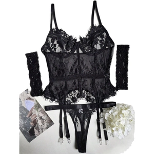 Sexy black eyelash lace lingerie set with adjustable garter belts and matching accessories