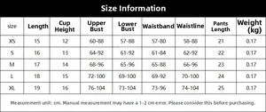 Detailed size chart in cm for sexy embroidery lace lingerie set from XS to XL