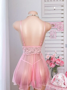 Back view of a pink lace babydoll nightdress with adjustable straps and mesh skirt