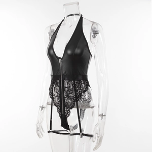 Detailed view of black lace and faux leather teddy with a front zipper and garter straps