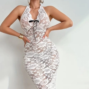 Sexy Lace Halter Nightdress For Women Hollow Out Transparent Slim Fit Midi Dress With Black Bow Decor
