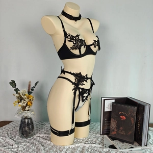Detail of black floral embroidery and sheer mesh on sexy gothic lingerie set with garters