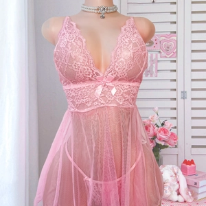Sexy Lace Mesh Nightdress And G-String V-neck Babydoll Lingerie Bow Decor Spaghetti Straps Sheer Sleepwear For Women