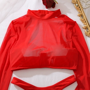 Detailed view of red sheer mesh long sleeve lingerie set with floral decor on white background