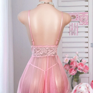 Pink lace embroidery mesh chemise nightgown for women with floral back detail