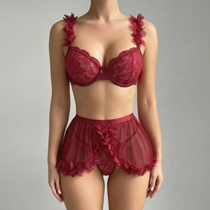 Lace lingerie set with 3D floral accents and sheer mesh skirt in dark red color