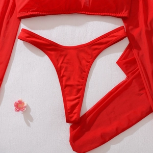 Detailed flat lay of red sheer mesh lingerie set with long sleeves and matching stockings