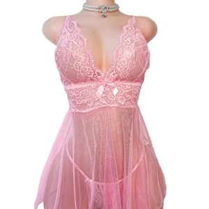Pink lace babydoll sleepwear set with deep V-neck and sheer mesh skirt for women