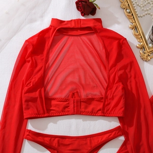 Close-up of red sheer mesh lingerie top with back hook closure and cutout details