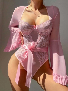 Detailed view of pink floral lace bodysuit and sheer mesh robe with ruffled sleeves
