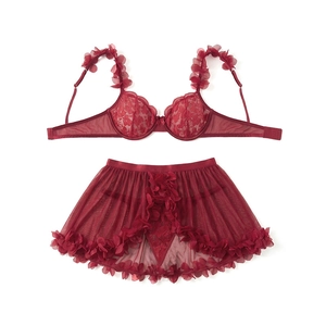 Deep red lace lingerie set with 3D floral petals and sheer mesh skirt for women