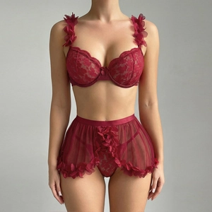 Women Sexy Lace Lingerie Burgundy Underwire Bra And Mesh Skirt With 3D Flower Appliques Romantic Sheer Nightwear