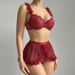 Deep red lace lingerie set featuring 3D floral petals and sheer mesh skirt for women