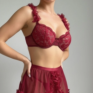Deep red lace lingerie set featuring floral appliques and sheer mesh skirt for women