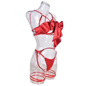 Detailed macro view of red satin lingerie set with large bow and tassel accents