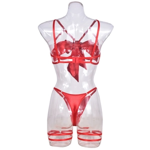 Detail of red satin lingerie set with a large decorative bow on the back strap