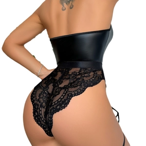 Sexy black faux leather and lace bodysuit featuring deep V halter neck and open back