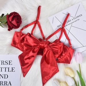 Macro shot of red satin lingerie bra with large bow detail on white plush faux fur carpet