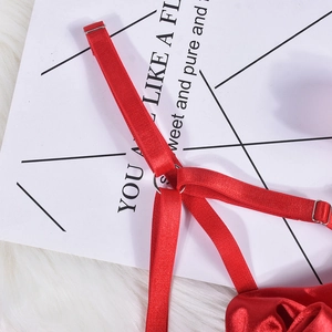 Close-up of red satin lingerie strap with silver metal adjustment buckle detail