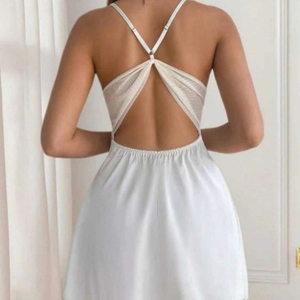 Elegant white ice silk slip dress featuring a backless cross-strap lace design for women