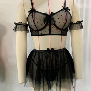 Sexy black lace lingerie set with polka dot mesh and decorative red line details