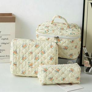 Quilted Floral Makeup Bag Cosmetic Organizer Travel Wash Toiletry Pouch Portable Zippered Handheld Case