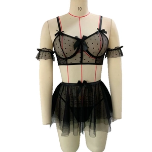 Three-piece sexy black polka dot mesh lingerie set with butterfly bows and sheer tulle skirt