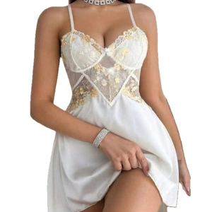 Sexy white silk slip dress for women with lace floral embroidery and open back
