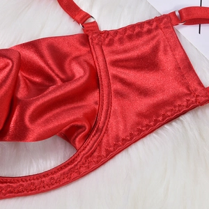Detail of red satin lingerie showing reinforced stitching and adjustable metal rings
