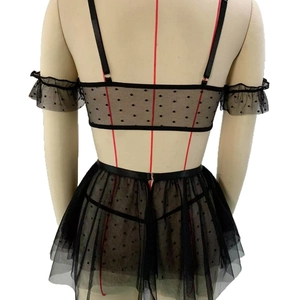 Sexy black lace lingerie set with sheer mesh polka dot camisole and layered skirt