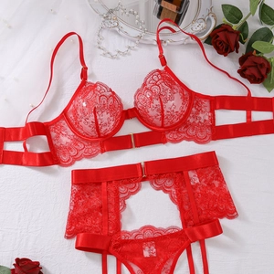 Flat lay of red lace lingerie set with garters and bra on white texture background