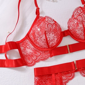 Detailed macro view of red floral lace embroidery and satin straps on lingerie