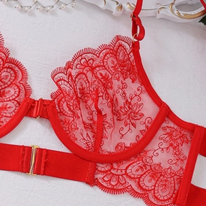 Detail of red floral lace bra featuring sheer mesh fabric and delicate eyelash trim