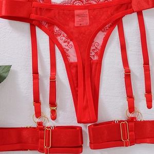 Detail of red lace lingerie set with silk satin fabric and adjustable gold metal buckles