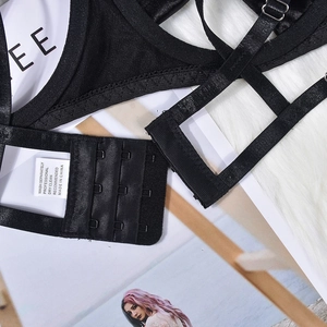 Detailed macro view of black elastic lingerie straps with a 3-column 4-row metal hook closure