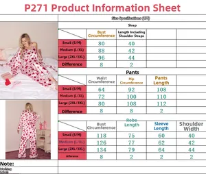 Detailed size chart for women's 3-piece pajama set including robe, top, and pants in cm