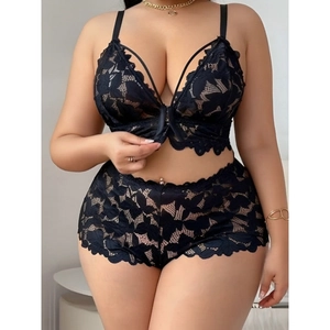 Lingerie Sexy Femme Dentelle Soutien Gorge Et Culotte Col En V Transparent Floral Nuisette Noir