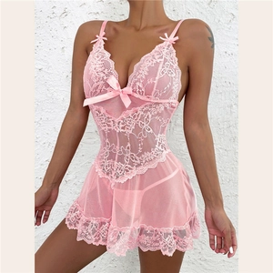 Pink lace lingerie nightdress with floral mesh and satin bows for a seductive look