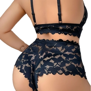 Ensemble de lingerie en dentelle noire pour femme avec nuisette et culotte taille haute