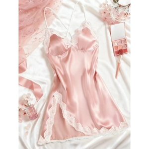 Sexy Satin Nightgown For Women Lace V Neck Spaghetti Strap Sleepwear Cross Back Side Slit Nightdress Lingerie Home Wear