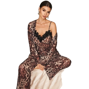Three-piece leopard print silk pajamas set with lace trim camisole and robe for women