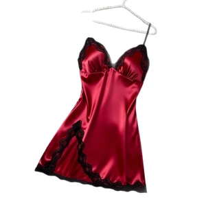Sexy dark red satin chemise with black floral lace trim and delicate thin straps