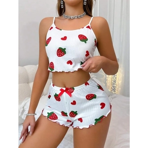 Top A Canotta E Pantaloncini Loungewear In Maglia A Costine Stampa Fragola Cuore Love Bordo A Volant Pigiama