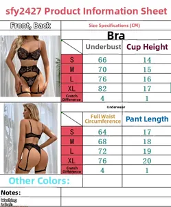 Detailed size chart for black lace lingerie set with metal chain leg straps