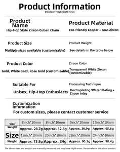 Size chart for 10mm copper cubic zirconia Cuban link chains with weights in grams