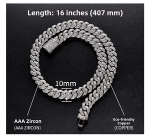 10mm silver Cuban chain detail with AAA zircon inlay and copper material specs